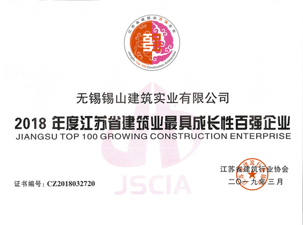 2018年度江蘇省建築業最具成長性百強企業